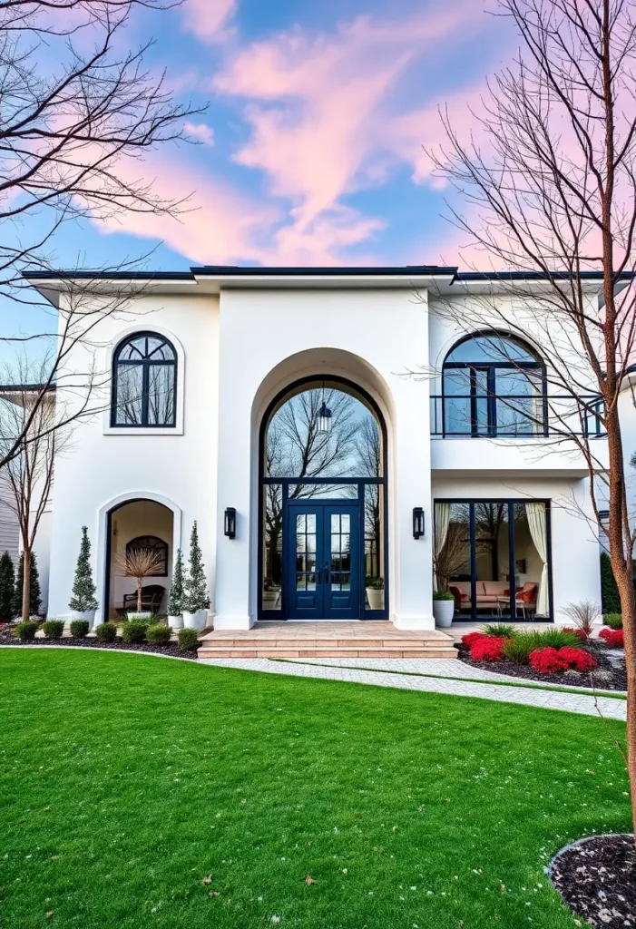 Mediterranean modern home with arched glass doorway, blue double doors, and elegant landscaping.