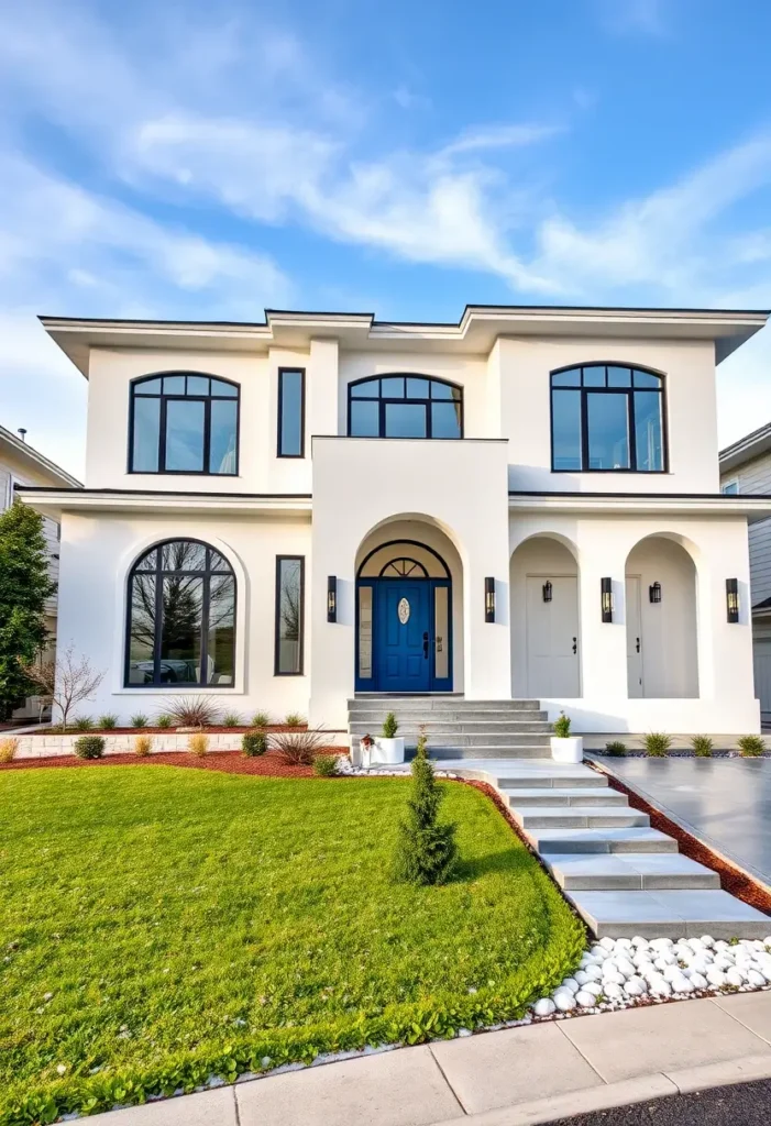 Mediterranean modern home with arched windows, blue door, and white stucco exterior.