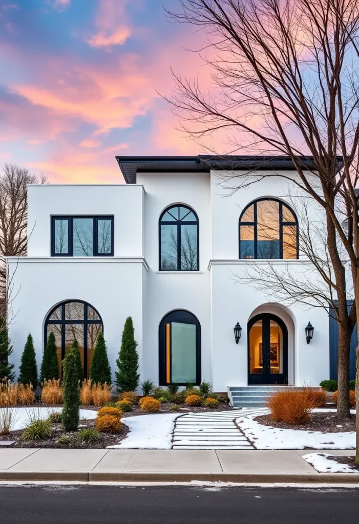 Mediterranean modern home with black-framed arched windows, white stucco, and elegant landscaping.