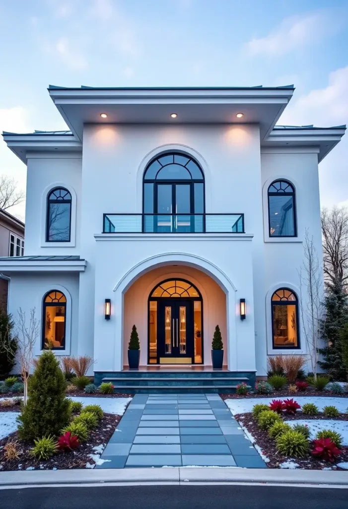 Mediterranean modern home with arched entryway, black double doors, and elegant balcony.