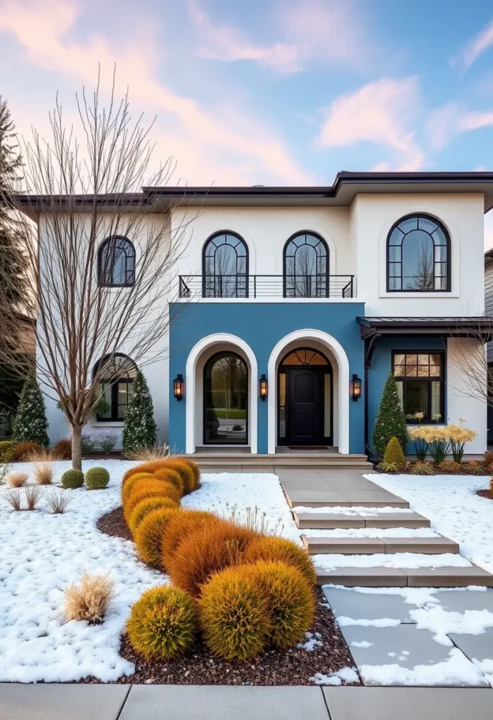 Mediterranean modern home with blue accent wall, arched entryways, and elegant landscaping.