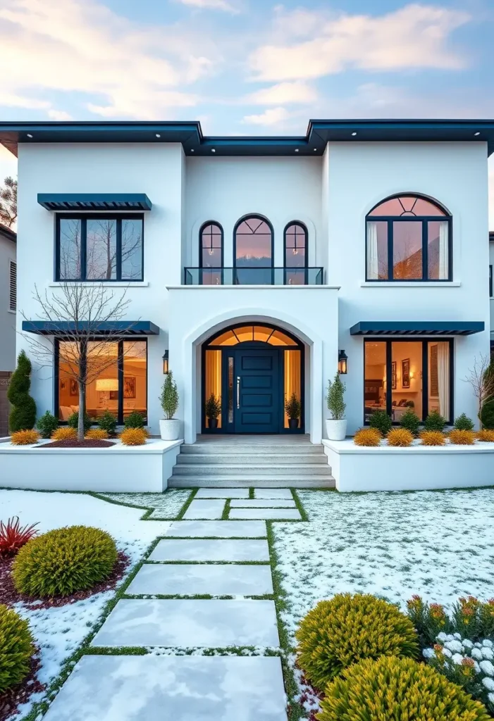 Mediterranean modern home with arched windows, blue door, and stylish landscaping.