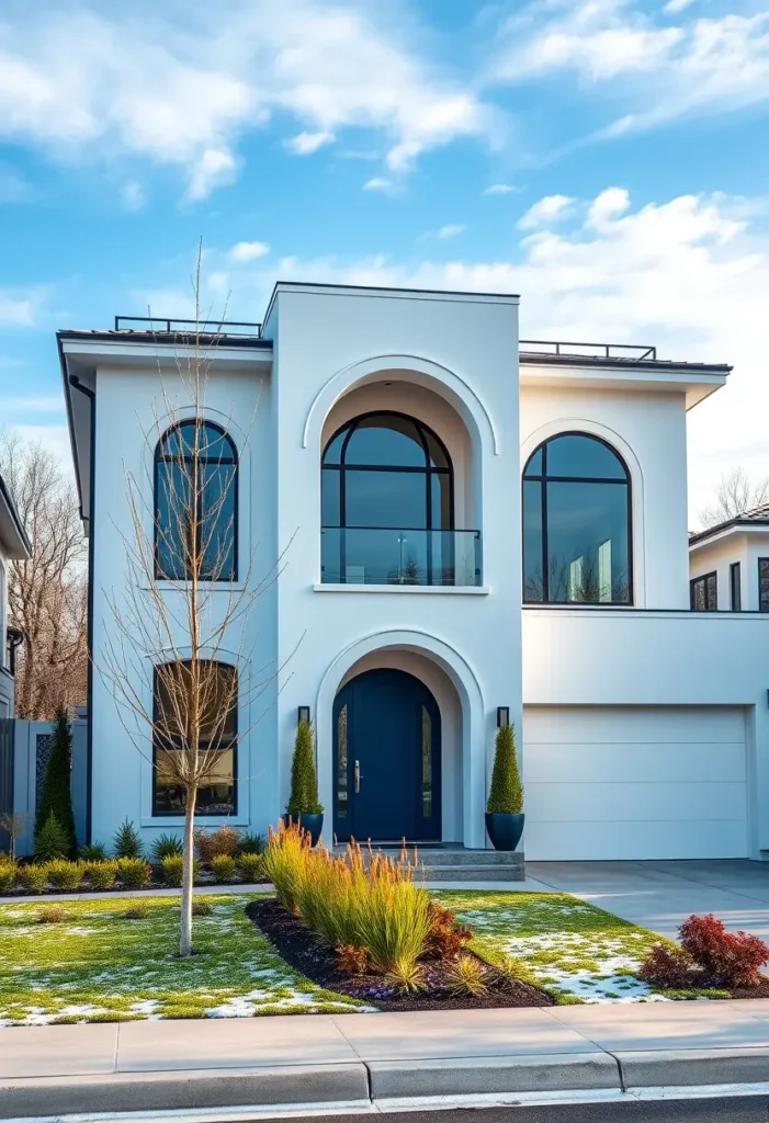 Mediterranean modern home with arched entry, blue door, and minimalist landscaping.