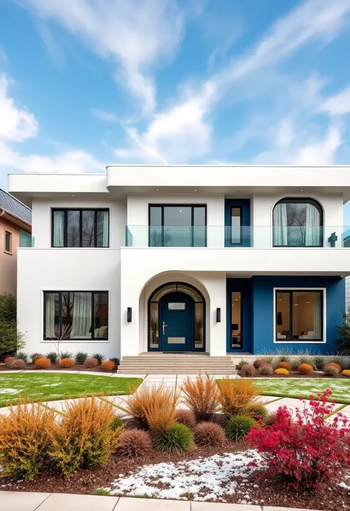 Mediterranean modern home with arched entry, blue front door, and glass balcony.