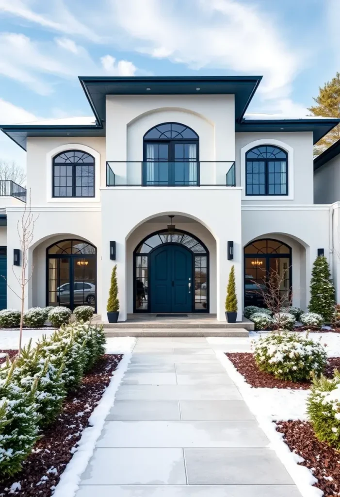 Mediterranean modern home with arched entry, blue double doors, and glass balcony.