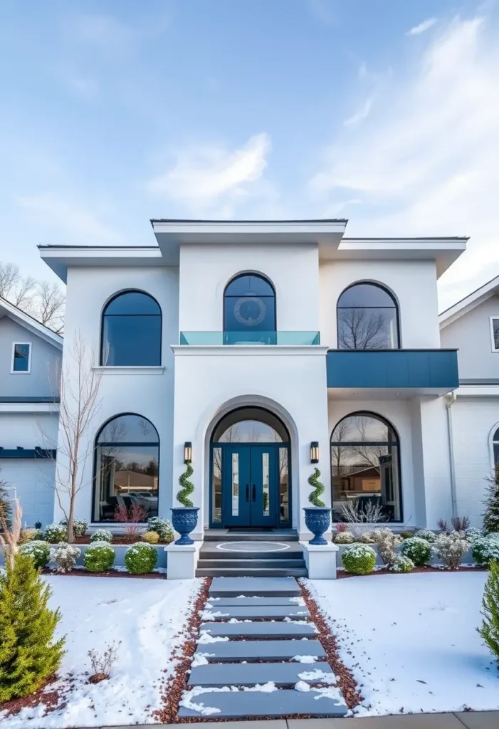 Mediterranean modern home with arched entry, blue double doors, and sculpted landscaping.