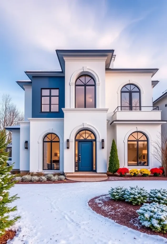 Mediterranean modern home with navy accent wall, arched windows, and elegant white stucco.