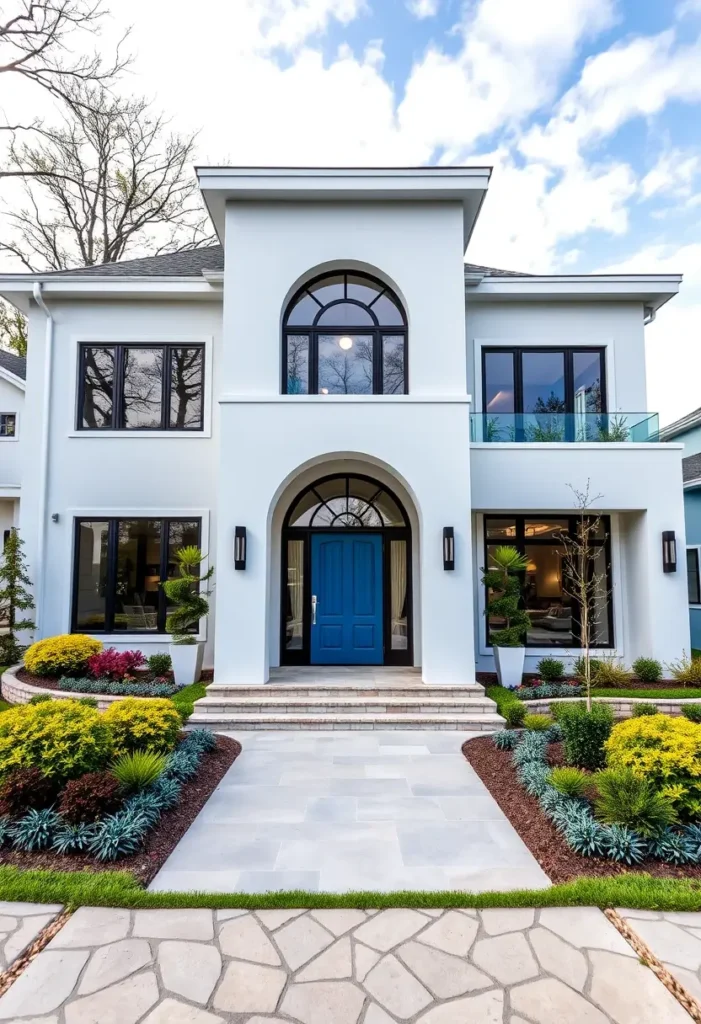 Mediterranean modern home with blue front door, arched entry, and elegant landscaping.