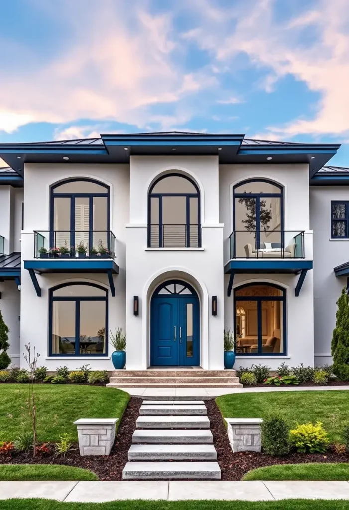 Mediterranean modern home with blue front door, arched windows, and elegant balconies.