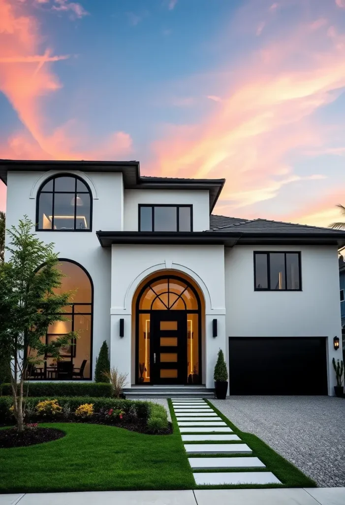 Mediterranean modern home with arched black entry, white stucco, and elegant landscaping.