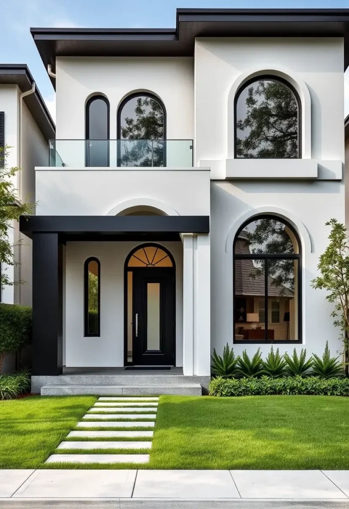 Mediterranean modern home with black entry, arched windows, and white stucco facade.