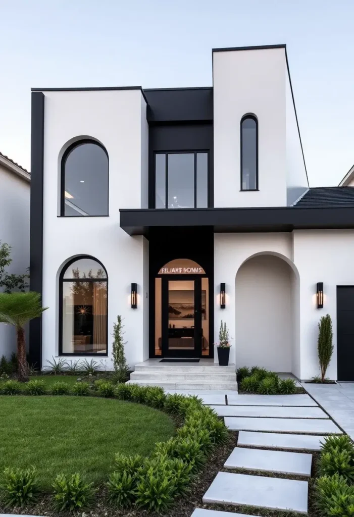 Mediterranean modern home with black and white contrast, arched windows, and sleek landscaping.