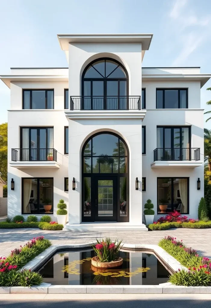 Grand Mediterranean modern villa with arched entry, symmetrical balconies, and a reflecting pool.