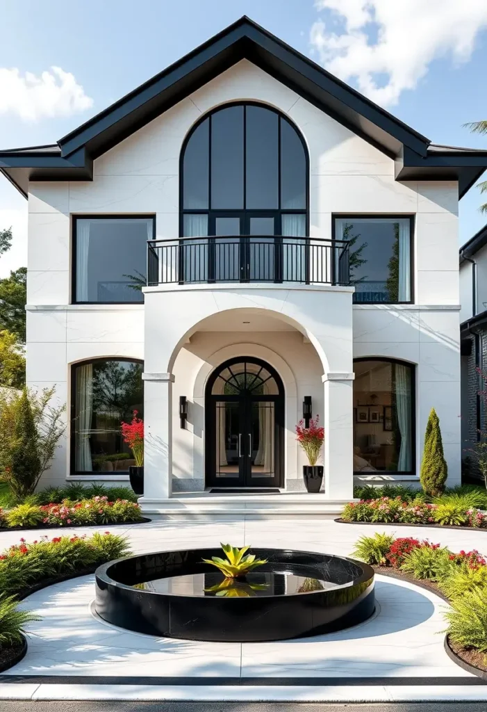 Mediterranean modern home with arched entry, black-trimmed windows, and a circular water feature.