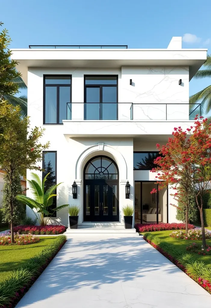 Modern Mediterranean home with arched entry, black double doors, glass balcony, and tropical landscaping.