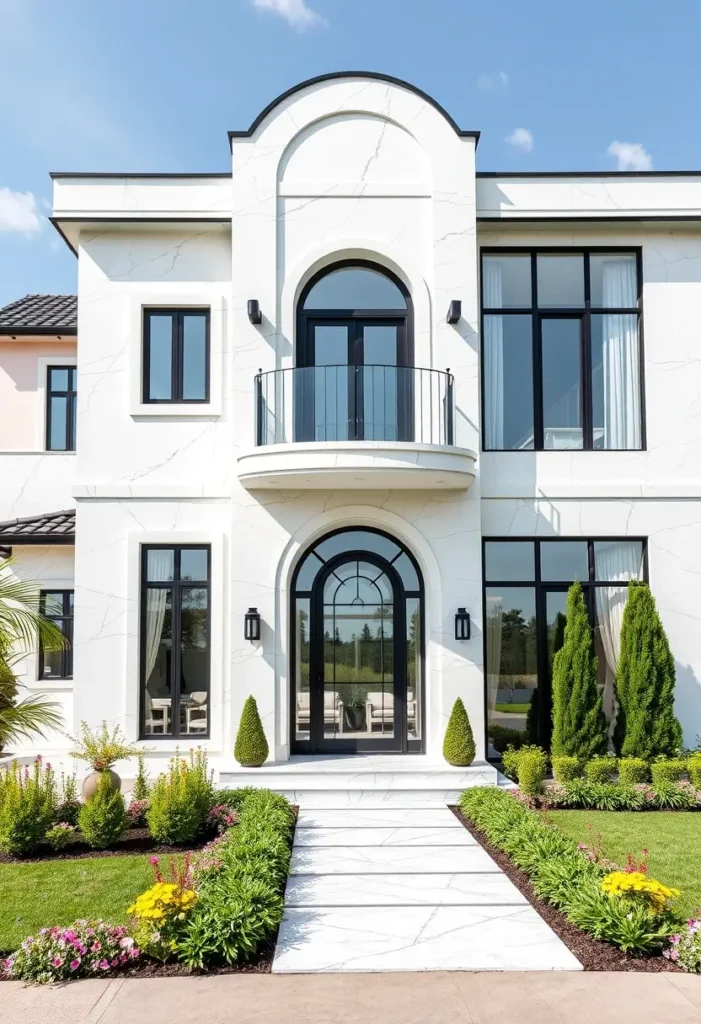 Luxury Mediterranean home with marble-inspired facade, arched windows, black iron balcony, and lush landscaping.