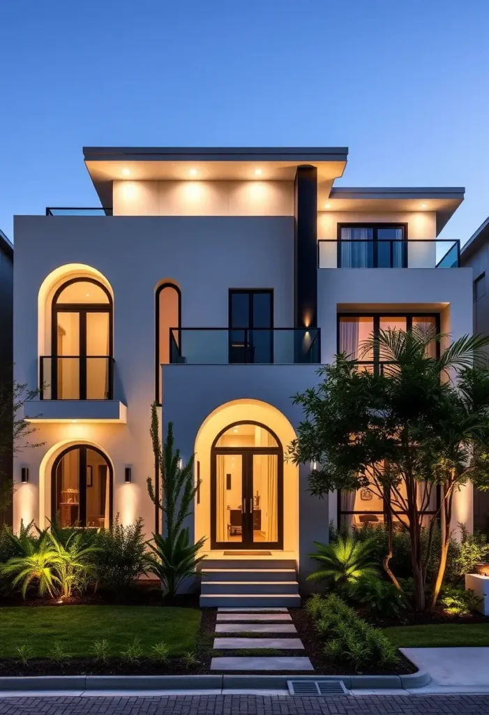 Luxury Mediterranean modern home with arched doorways, warm lighting, and lush landscaping.