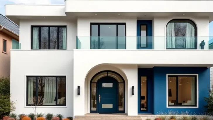 Mediterranean modern home with arched entry, blue front door, and glass balcony. II