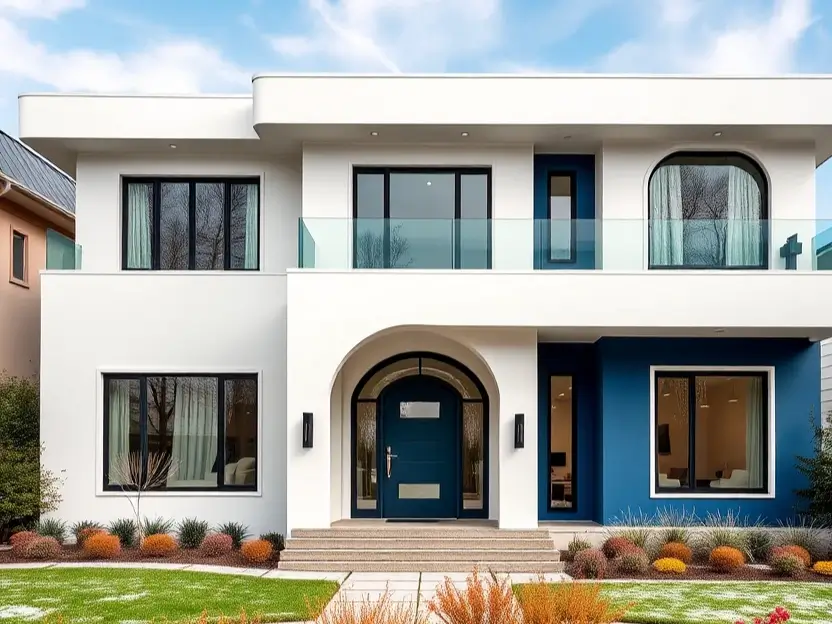 Mediterranean modern home with arched entry, blue front door, and glass balcony. II