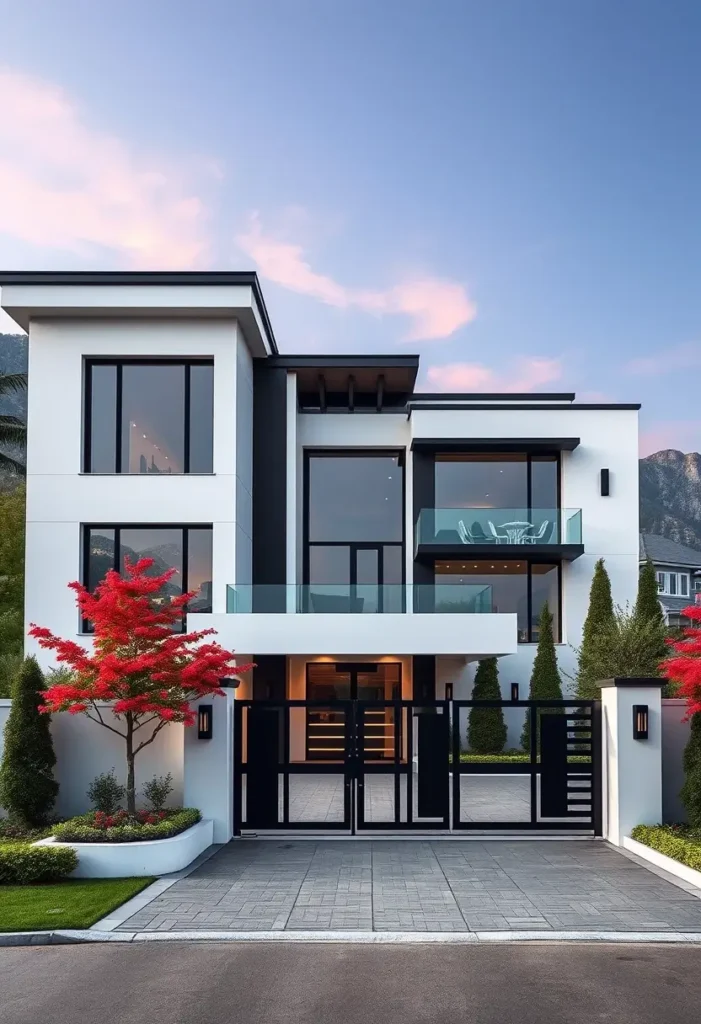 Modern black and white minimalist home with large windows and sleek gate.