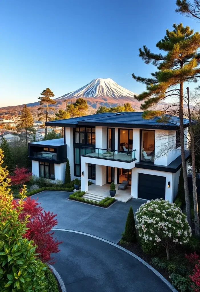 Modern minimalist home with glass balconies and mountain view.