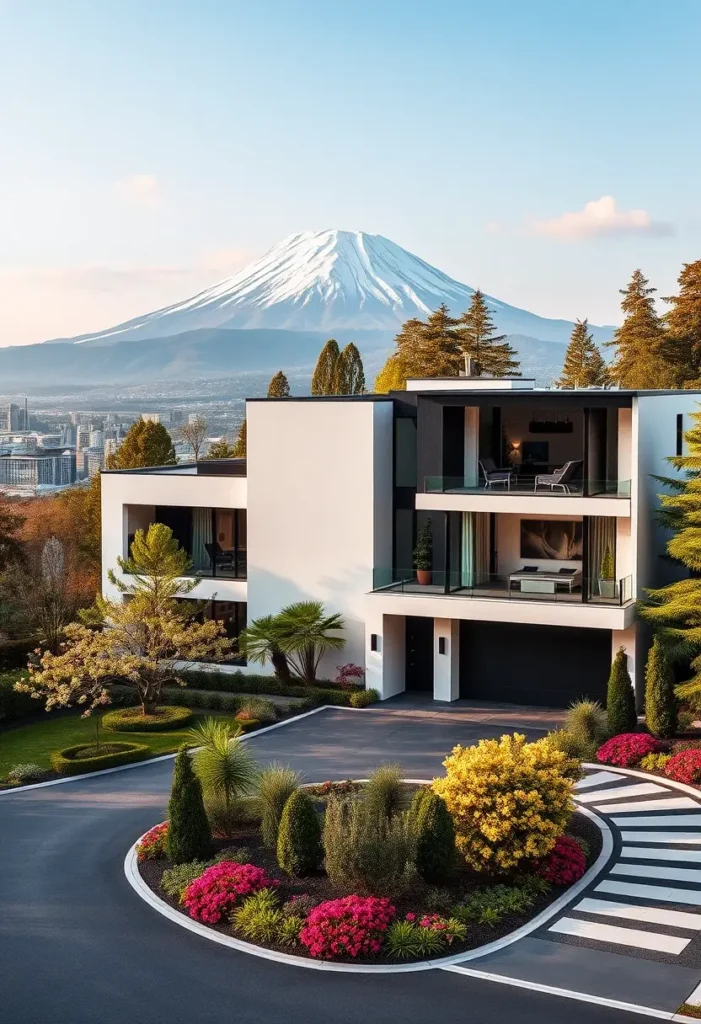 Luxury minimalist home with vibrant garden and mountain backdrop.