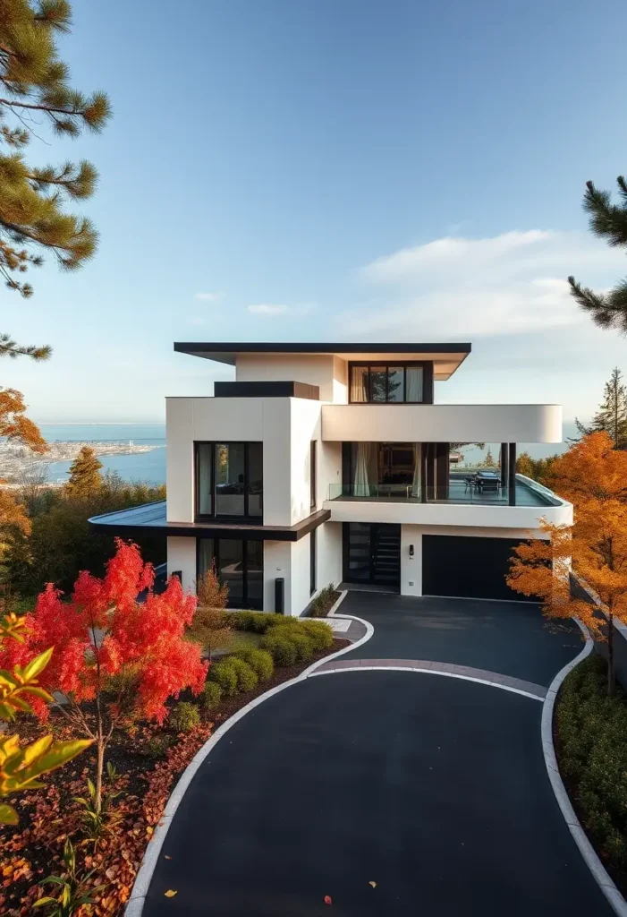 Minimalist coastal home with black-and-white facade and autumn landscaping.