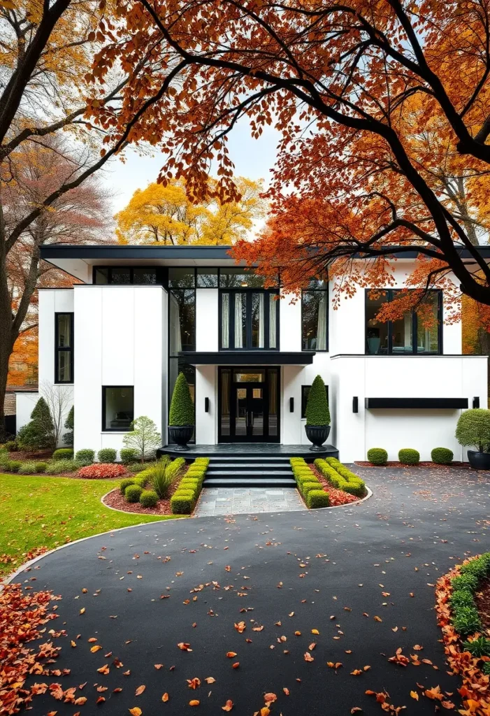 Minimalist black-and-white home framed by autumn leaves and manicured landscaping.