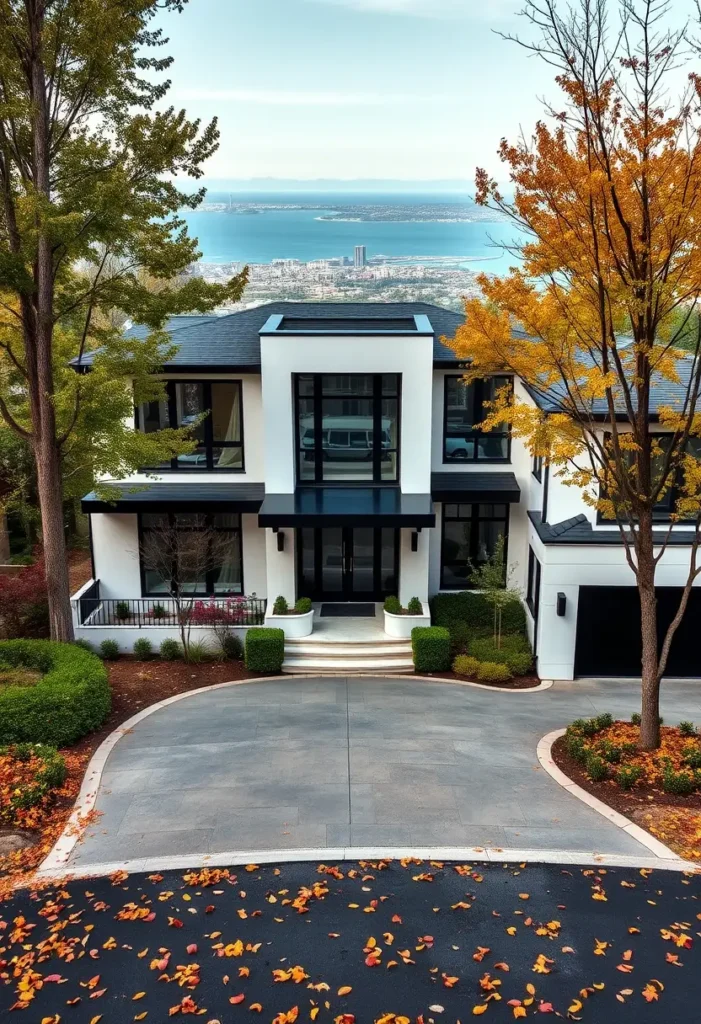 Luxury minimalist hilltop home with ocean view and autumn accents.