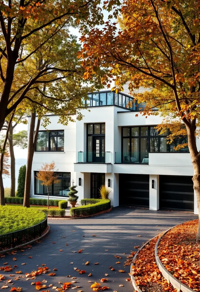 Minimalist home with rooftop sunroom surrounded by autumn trees and landscaping.