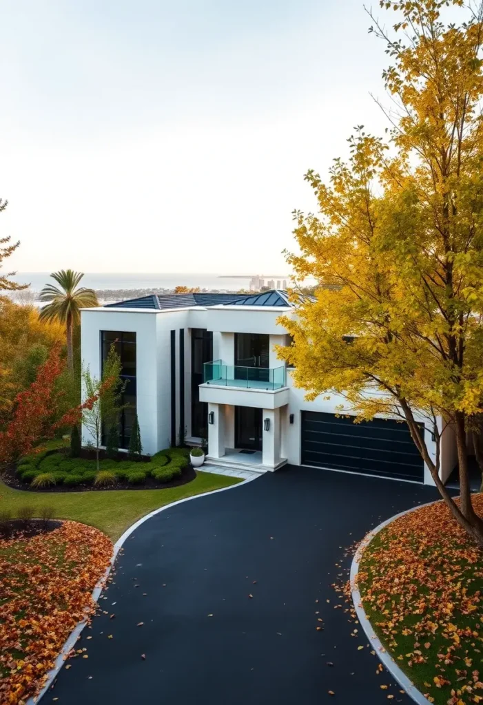 Minimalist home with glass balcony, ocean views, and autumn trees.