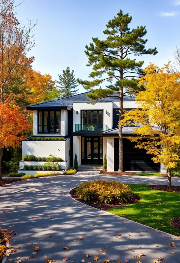 Modern minimalist home with autumn trees and glass balcony.