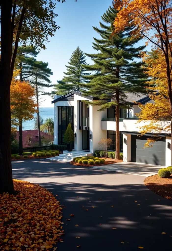 Modern minimalist home surrounded by pines with ocean views and autumn accents.