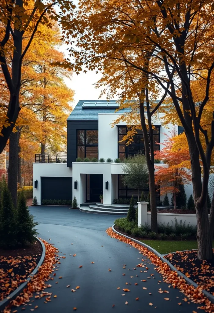 Minimalist home with curved driveway, skylight, and autumn foliage.