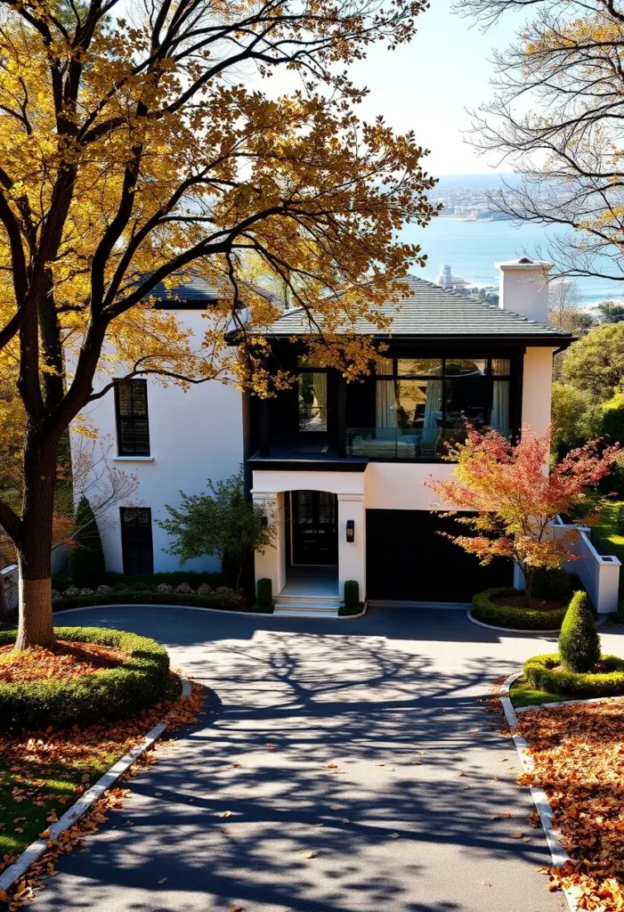 Minimalist white home with black accents, ocean views, and autumn foliage.