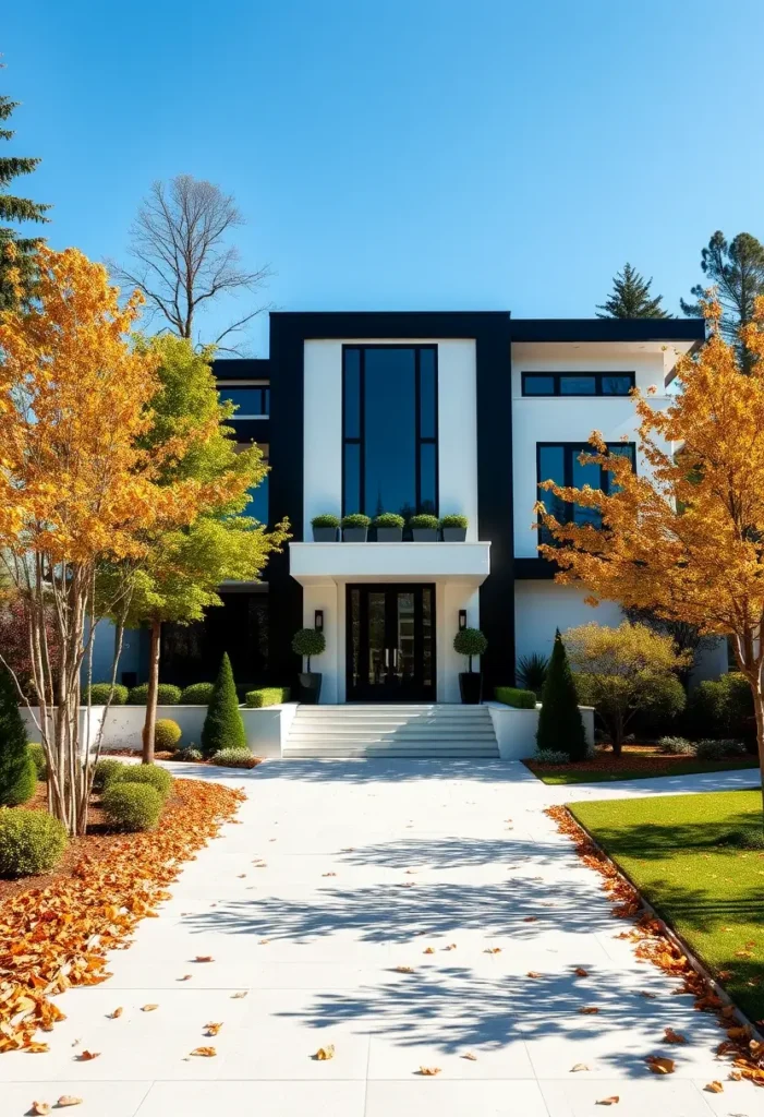 Modern minimalist home with black-and-white facade and autumn trees.