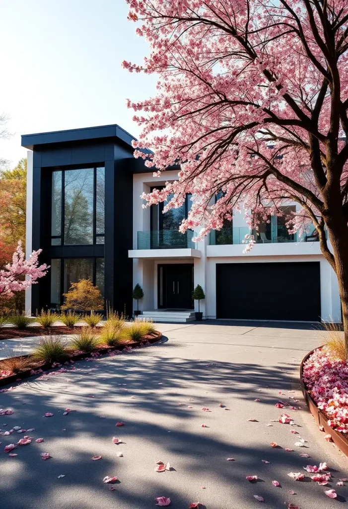 Minimalist home with cherry blossoms and black-and-white exterior.