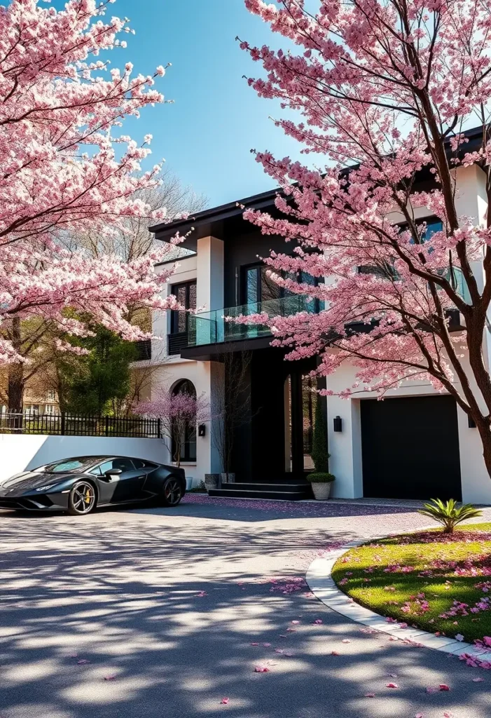 Minimalist home with cherry blossoms, glass balcony, and luxury car.