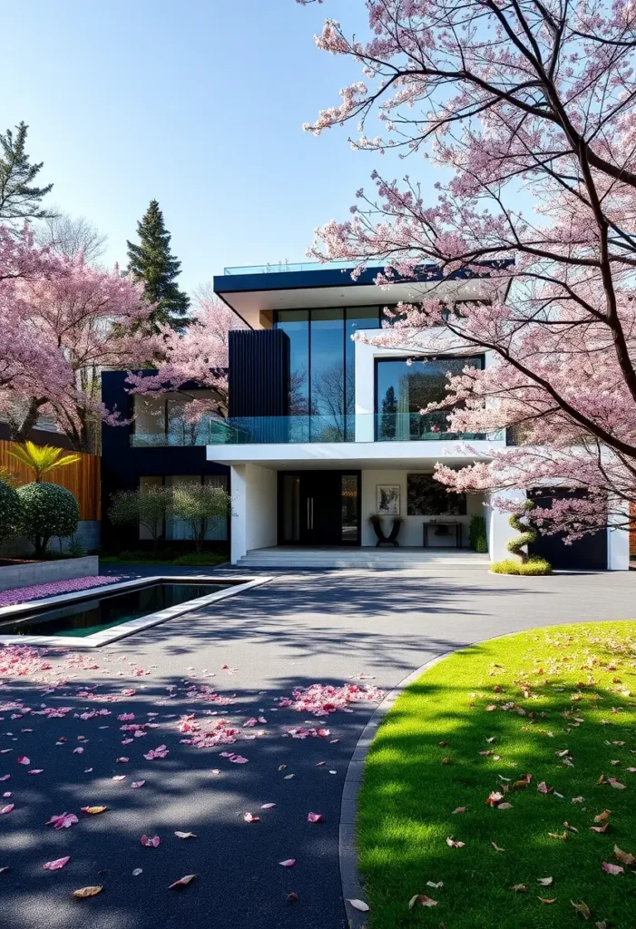 Modern minimalist home with cherry blossoms, glass balcony, and sleek design.