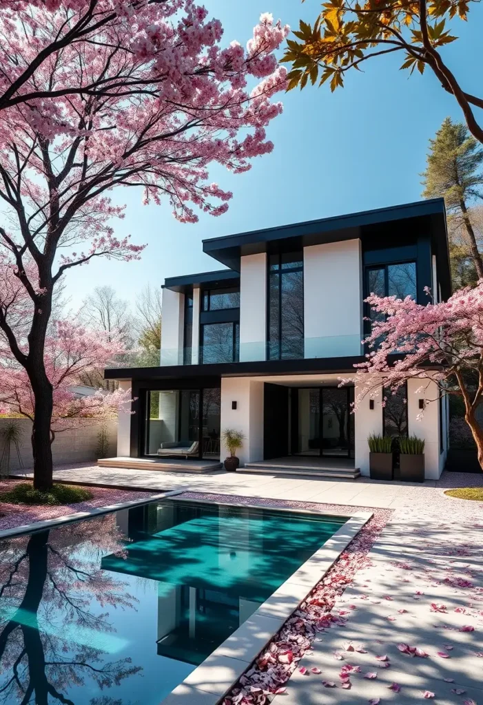 Minimalist home with pool, cherry blossoms, and open patio design.