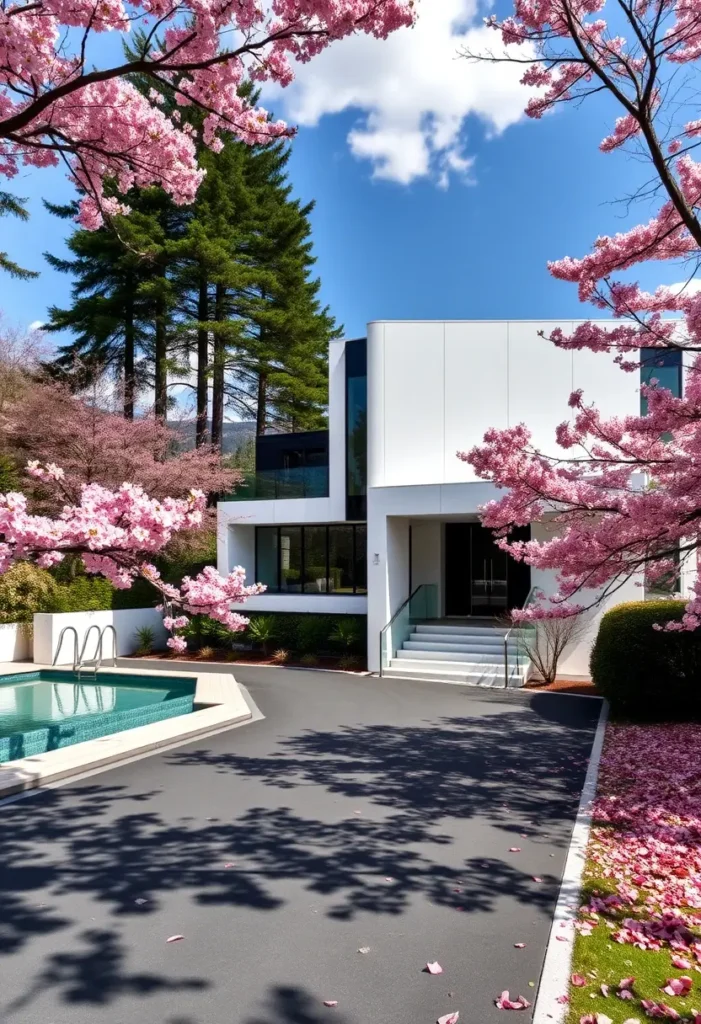 Minimalist home with cherry blossoms, geometric pool, and sleek design.