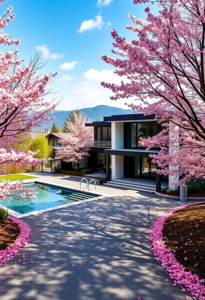 Minimalist home with cherry blossoms and a sleek pool, showcasing a serene modern design.