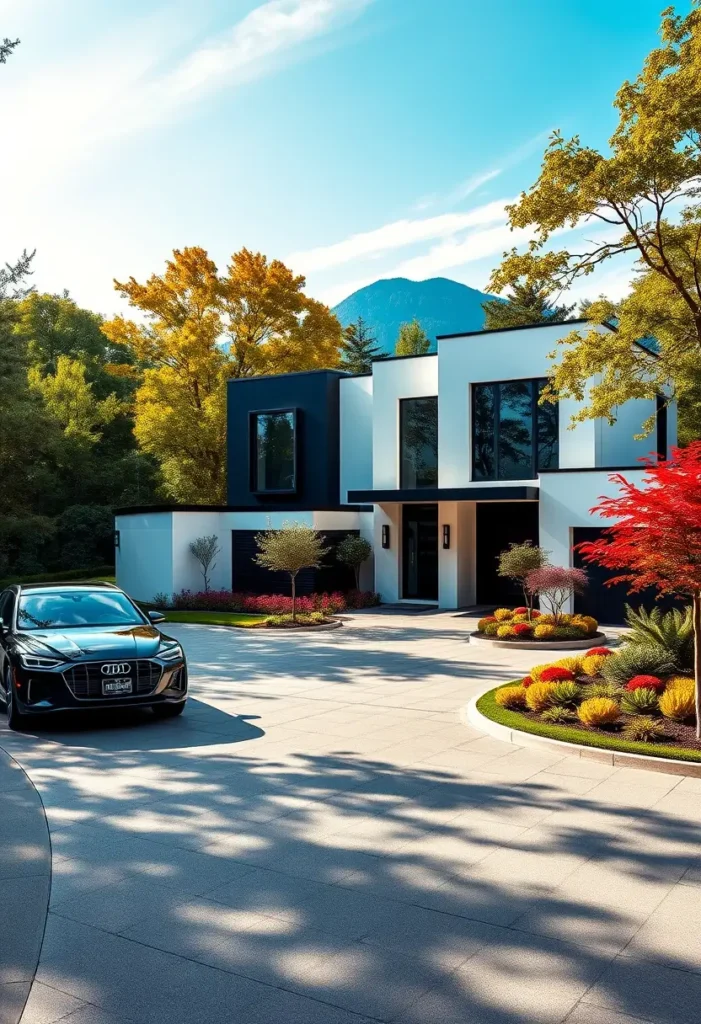 Minimalist home with black and white panels, colorful garden landscaping, and a luxurious modern car.