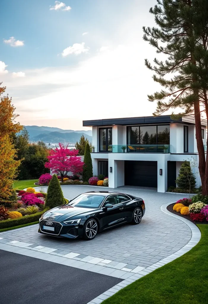 Modern minimalist home with vibrant landscaping, sleek black garage doors, and a luxury car in the driveway.