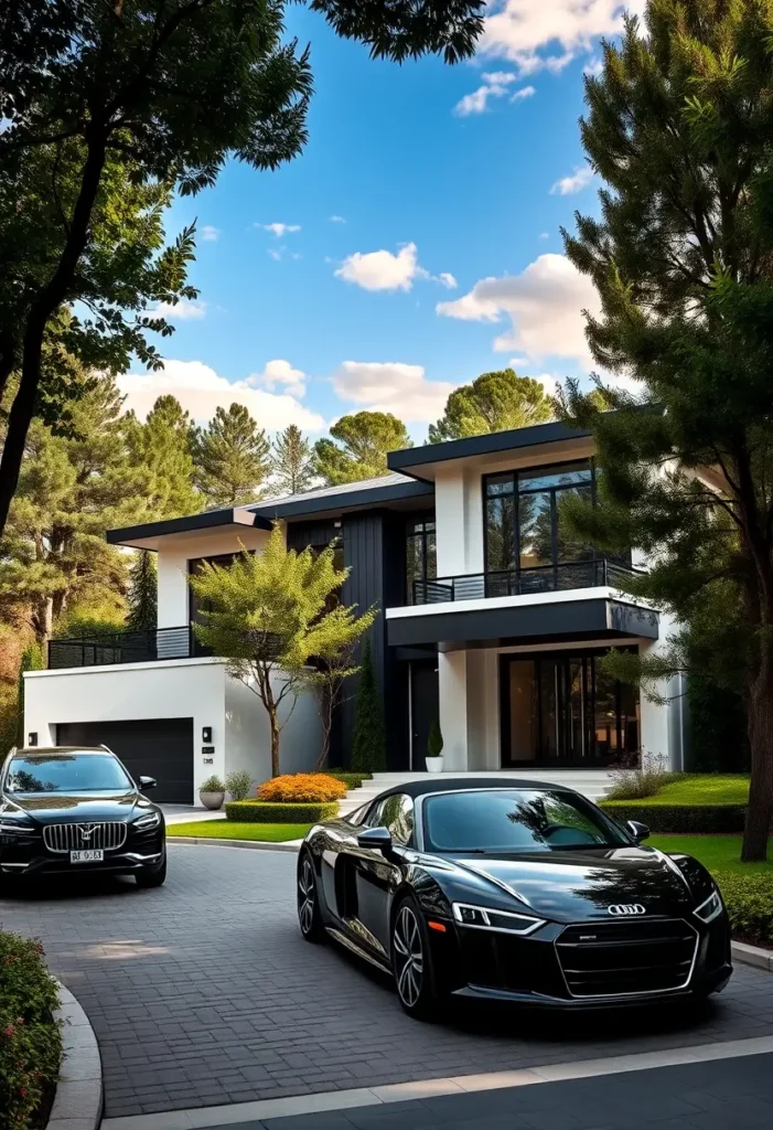 Luxury minimalist home with black and white exterior, modern cars in the driveway, surrounded by trees and greenery.