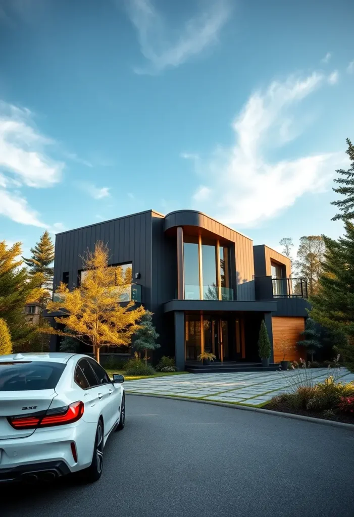 Luxury minimalist home with black exterior, wood accents, curved facade, and a sleek white car in the driveway.