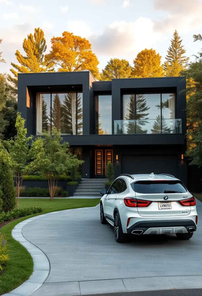 Luxury home with matte black exterior, glass windows, and a modern white car on a curved driveway.