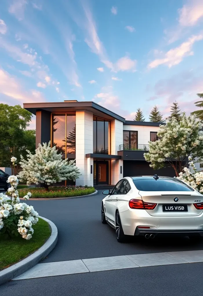 Modern white and black house with blooming white flowers, floor-to-ceiling windows, and a white car at sunset.