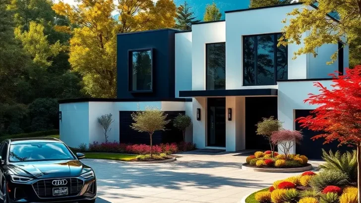 Minimalist home with black and white panels, colorful garden landscaping, and a luxurious modern car. II