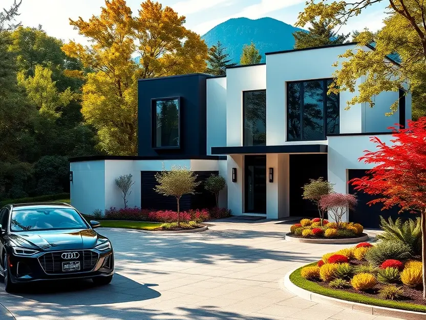 Minimalist home with black and white panels, colorful garden landscaping, and a luxurious modern car. II